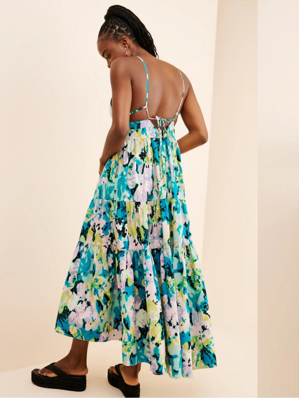 Free People Teal Green Floral Tiered Maxi Dress
